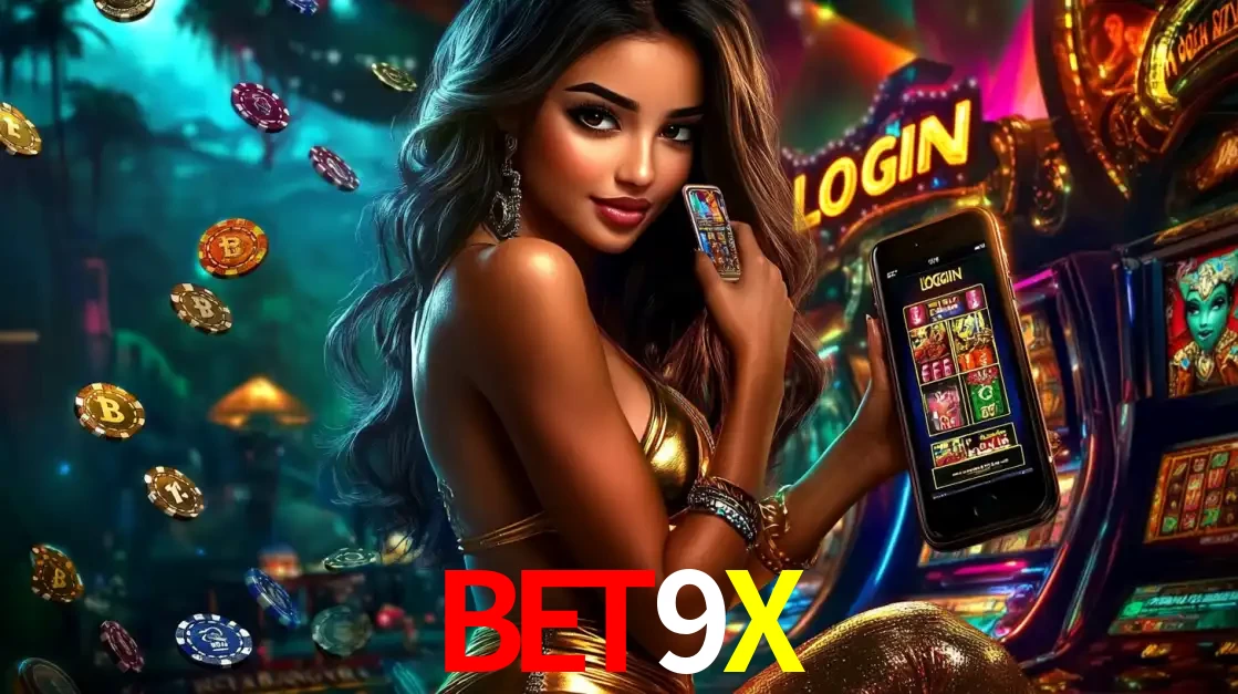 Mulher em um cenário de cassino temático de aventura, mostrando o app de caça-níqueis da BET9X no celular. Fichas de apostas flutuam ao redor.