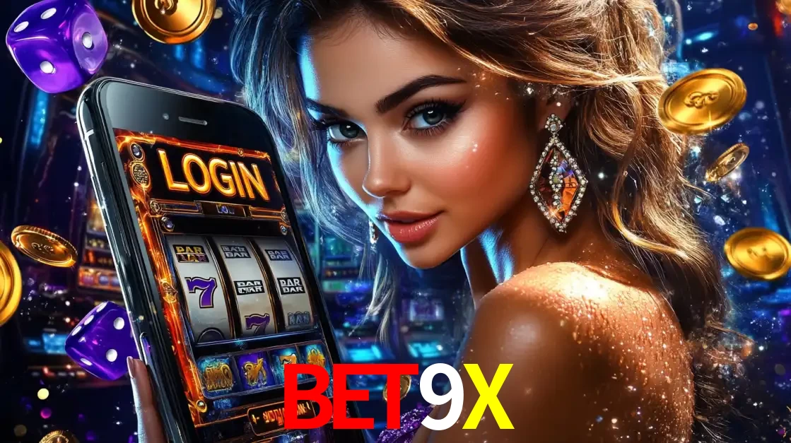 Mulher glamorosa segurando um smartphone com a tela de login para os jogos de caça-níqueis do cassino online BET9X, com moedas de ouro e dados ao redor.