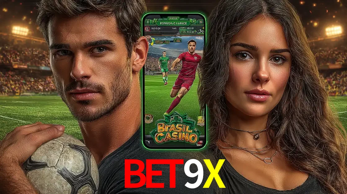Homem segurando uma bola de futebol e uma mulher ao lado de um smartphone exibindo o jogo de apostas esportivas da BET9X. Faça seu palpite no cassino online.